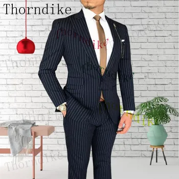 Торндайк (jakna + hlače), Luksuzni Modni Muške Casual Poslovnom Blazer prugama, Vrhunski Društveni Službeni kostim, u Kompletu od 2 predmeta, Mladoženja, Vjenčanje