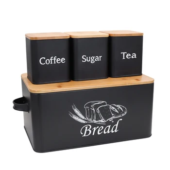 Хлебница s drškom i poklopcem za kuhinjski countertops, organizator, 3 komada četvornih konzerve, banke za kavu, šećer, čaj, grickalice (crna)