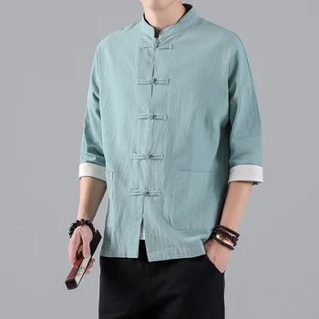 2023 Nove muške majice u kineskom stilu, odijelo Tan, lana odijelo kratkih rukava, monotono tradicionalni košulja Ханфу u kineskom stilu kung-fu, velike dimenzije M-5XL